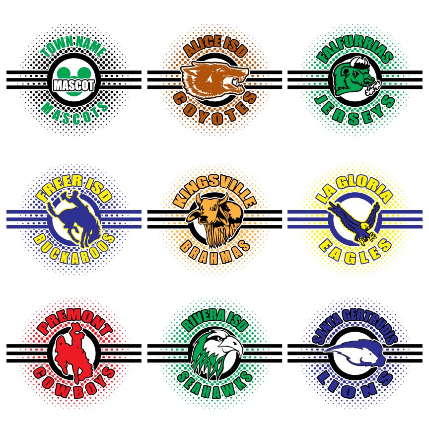 A sheet of team mascot shirt designs drawn at the shop for school districts around Falfurrias