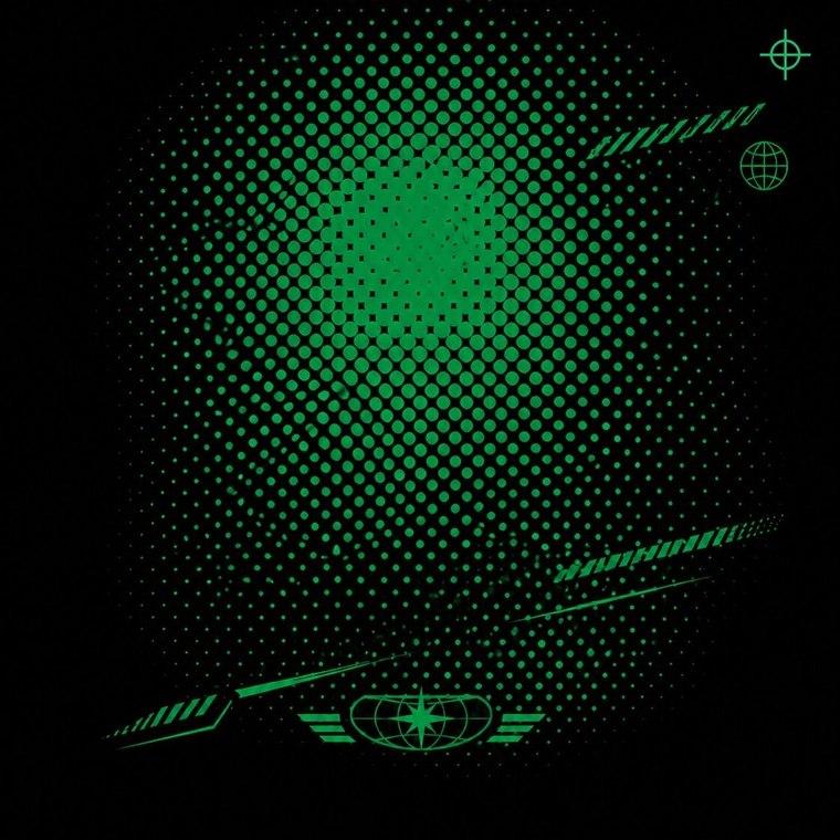 The green screen on its own: the halftone burst and the chevrons, nothing else